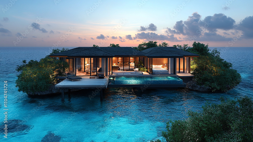 Fototapeta premium luxurious overwater villa with a sleek, modern design, offering breathtaking views of the turquoise ocean and a perfect blend of comfort and elegance for an unforgettable tropical getaway