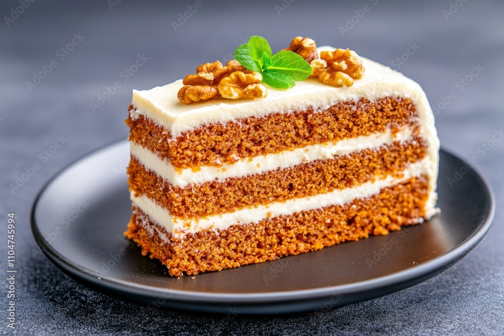 A rustic photo of a carrot cake with cream cheese frosting, garnished with chopped walnuts A rustic photo of a carrot cake with cream cheese frosting, garnished with chopped walnuts