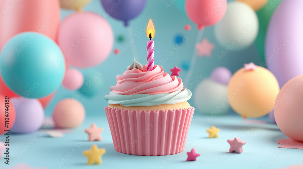 A cupcake with a lit candle on top of it is surrounded by colorful balloons A cupcake with a lit candle on top of it is surrounded by colorful balloons