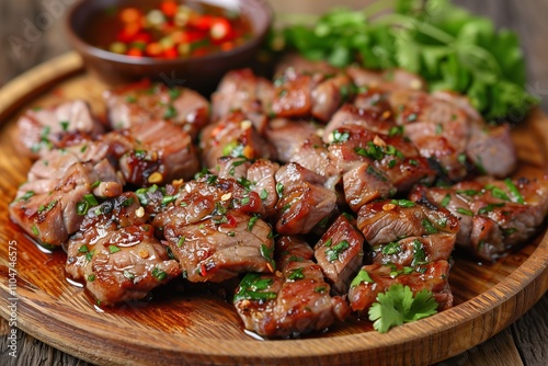 Closeup of grilled pork cubes seasoned with herbs and chili sauce, served on a rustic wooden plate