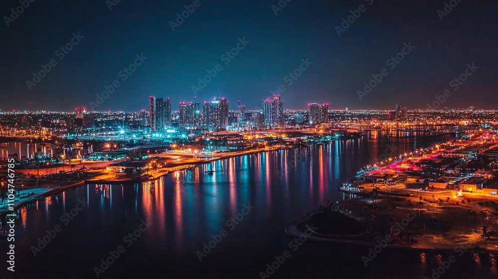 Beautiful night view of cityscape with skyscrapers. Light with reflection in the water. Beautiful night view of cityscape with skyscrapers. Light with reflection in the water.