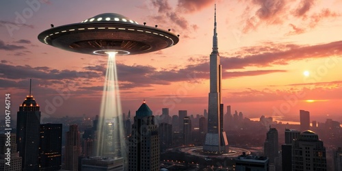Ufo hovering over futuristic city skyline at sunset