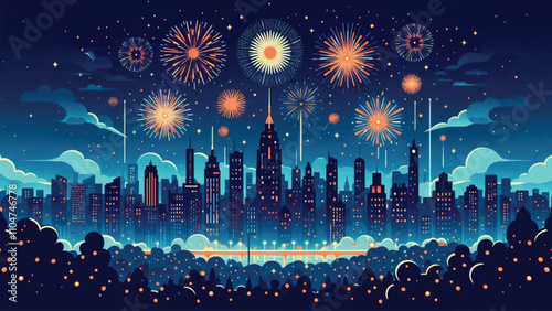 illustration of the night sky filled with fireworks, welcoming the arrival of the new year