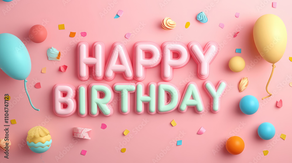 A colorful birthday sign with balloons and confetti A colorful birthday sign with balloons and confetti