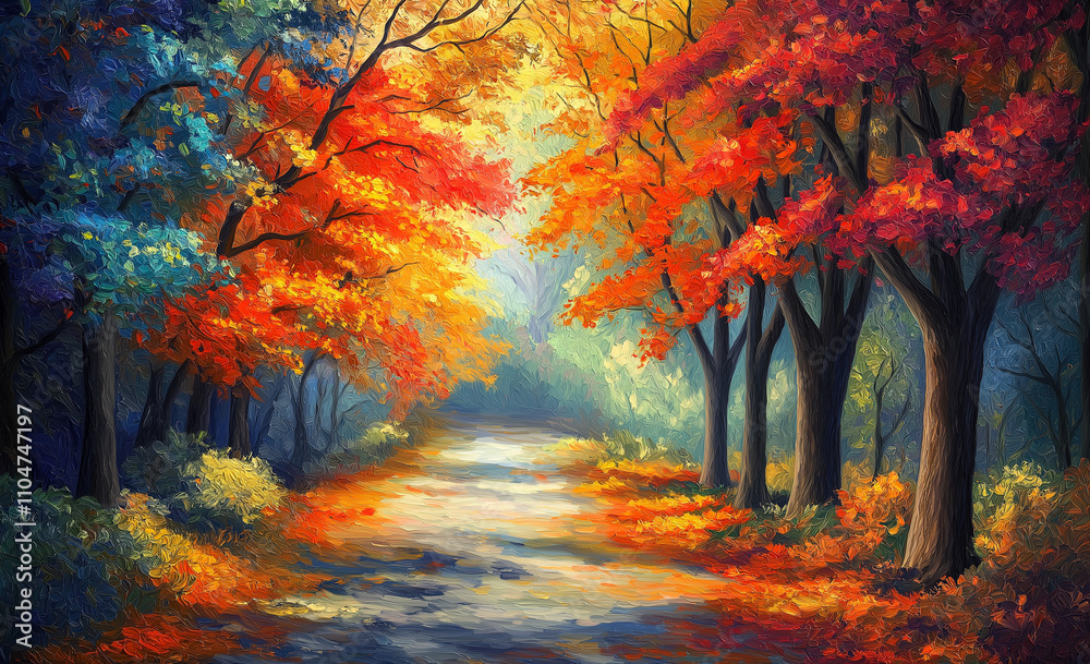 Autumn scenery on a road lined with trees and colorful fallen leaves Autumn scenery on a road lined with trees and colorful fallen leaves