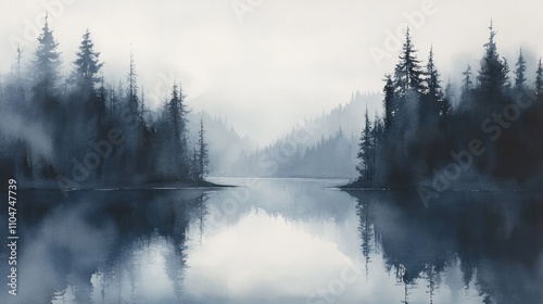 A serene lake nestled amidst a misty forest, with tall trees reflected in the calm water. The scene is painted in shades of blue and grey, creating a tranquil and ethereal atmosphere.