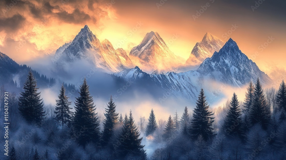 Majestic mountains at sunrise, surrounded by mist and evergreen trees. Majestic mountains at sunrise, surrounded by mist and evergreen trees.