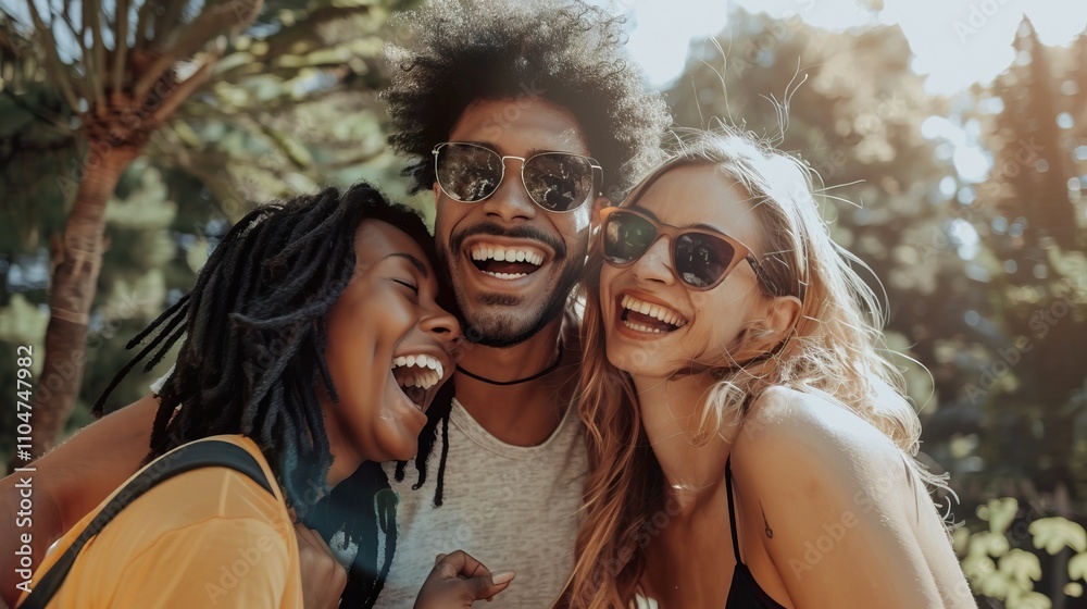A man and two women of different ethnicities, laughing together outdoors on a sunny day. A man and two women of different ethnicities, laughing together outdoors on a sunny day.