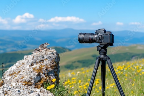 A wildlife photographer camera perched on a tripod, focused on a bird feeding its chicks in the distance