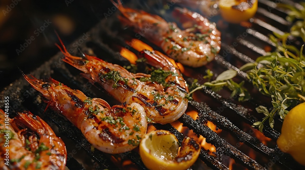 Grilling shrimp and lemons backyard food photography summer evening close-up culinary art Grilling shrimp and lemons backyard food photography summer evening close-up culinary art