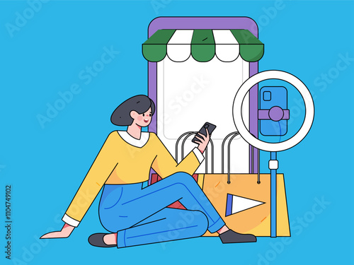 Internet celebrity live broadcast with goods vector internet hand drawn illustration
