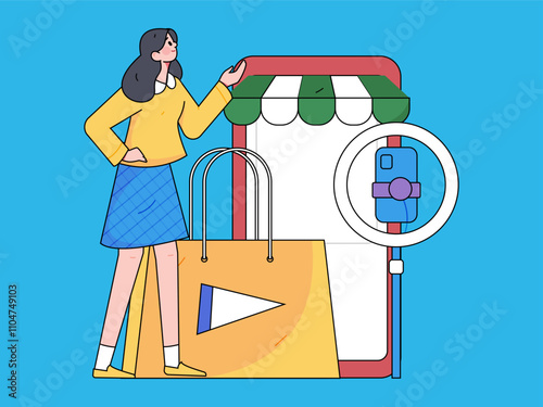 Internet celebrity live broadcast with goods vector internet hand drawn illustration
