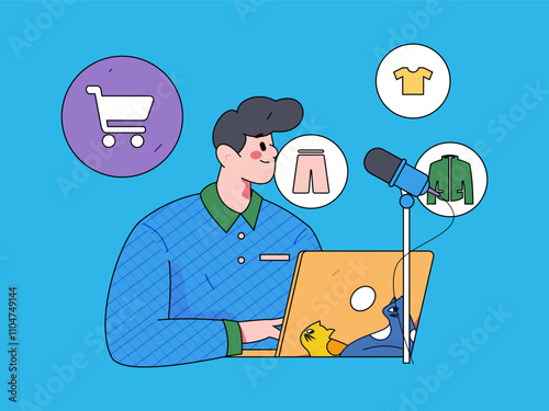 Internet celebrity live broadcast with goods vector internet hand drawn illustration
