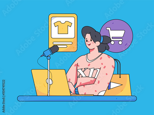 Internet celebrity live broadcast with goods vector internet hand drawn illustration
