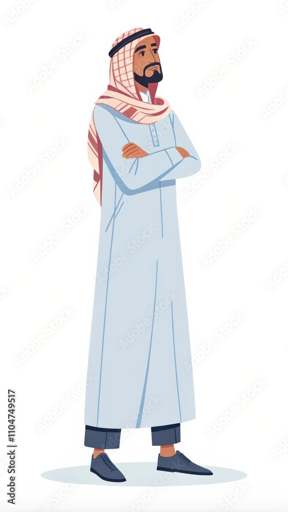 Arabian Man Stands Confidently With Arms Crossed in a Flat Vector Illustration. Generative AI Arabian Man Stands Confidently With Arms Crossed in a Flat Vector Illustration. Generative AI