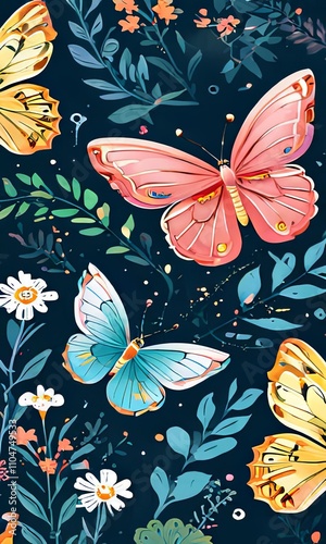 Vibrant butterflies fluttering through lush greenery, showcasing brilliant colors against a deep blue backdrop. Perfect for nature lovers, artistic designs, greeting card, print, digital designs.