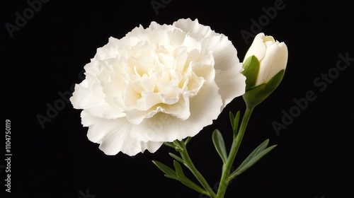 Elegant white carnation flower and bud on black background