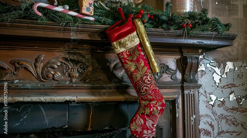 A red stocking hanging on a mantle filled with candy canes and gifts. photo