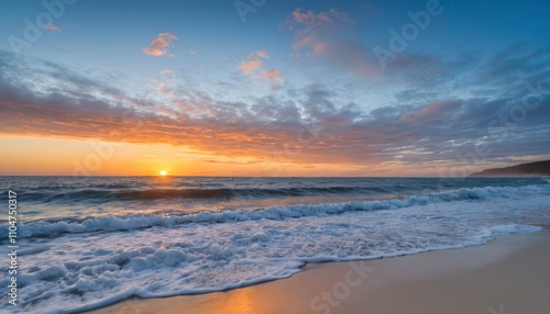 Vibrant Blue and Orange Sunrise Over Atlantic Ocean From Sandy Beach. Generative AI