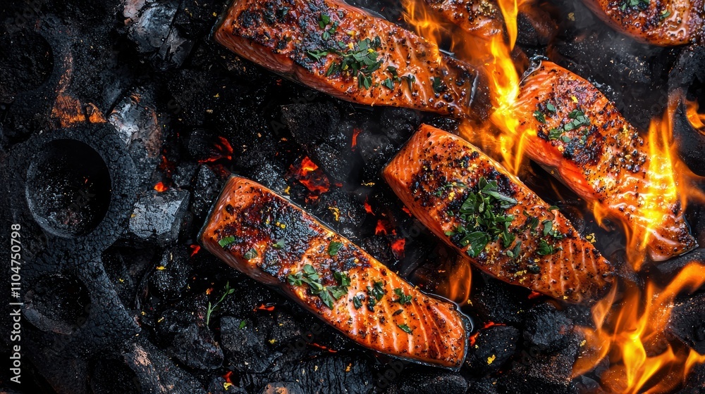 Grilling perfect salmon steaks over charcoal flames backyard food photography outdoor close-up Grilling perfect salmon steaks over charcoal flames backyard food photography outdoor close-up