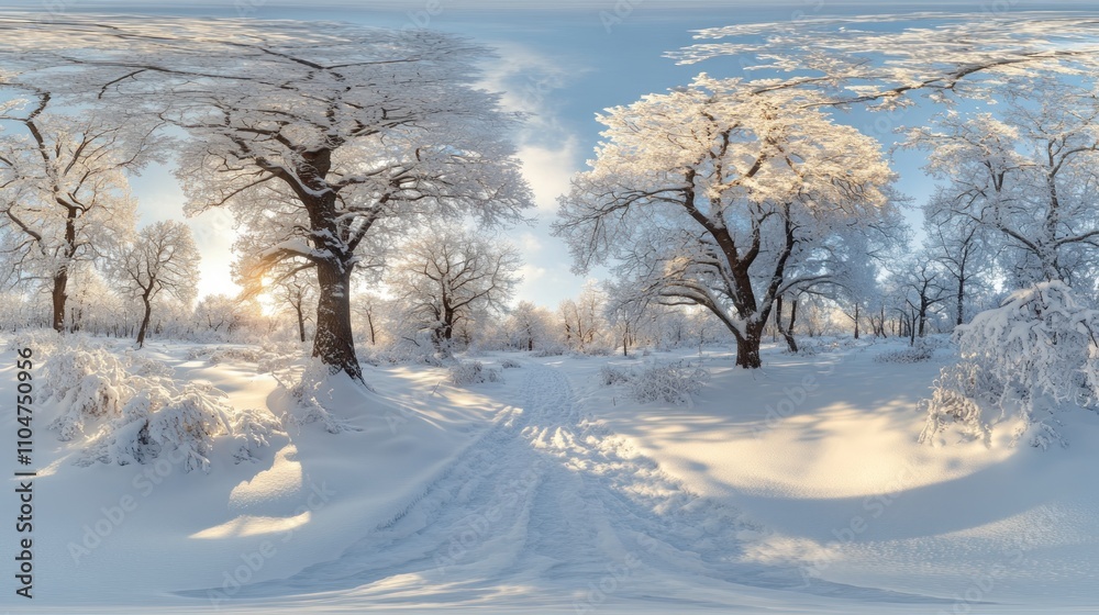 Fototapeta premium A serene winter landscape with snow-covered trees and a sunlit path.
