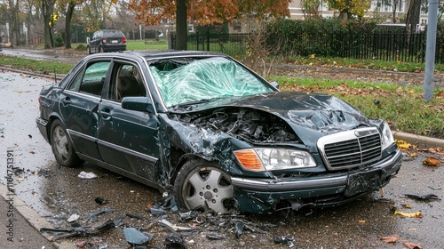 Front-end collision showing extensive damage to the hood of a car.