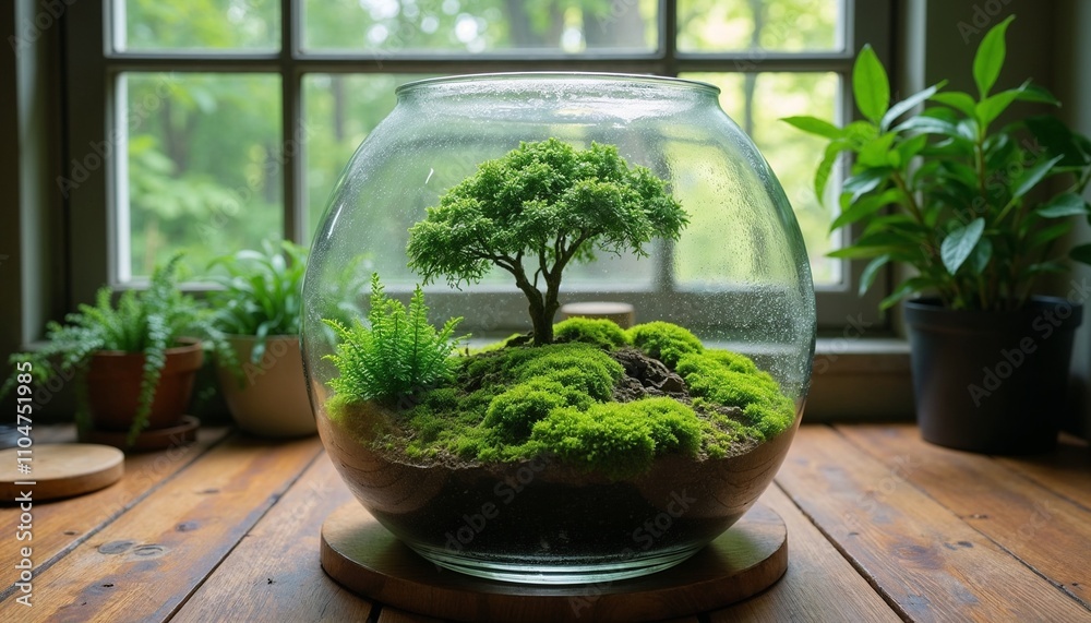 Terrarium with lush greenery and a small tree, tranquil atmosphere, indoor setting Terrarium with lush greenery and a small tree, tranquil atmosphere, indoor setting