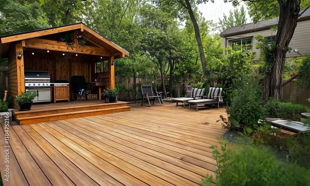 Luxurious backyard deck with wooden pergola, grill, and lounge seating. Luxurious backyard deck with wooden pergola, grill, and lounge seating.