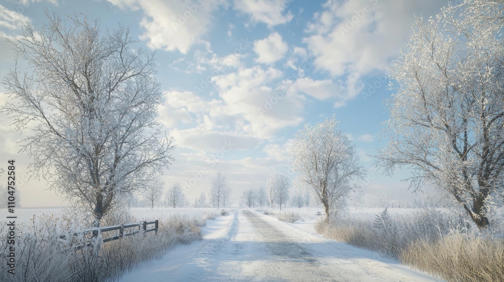 Winter landscape scene with snow-covered road peaceful nature clear sky serene environment Winter landscape scene with snow-covered road peaceful nature clear sky serene environment