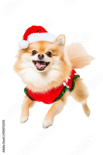 Full body shot of Pomeranian dog, running happily, smiling. Wearing Christmas costume.