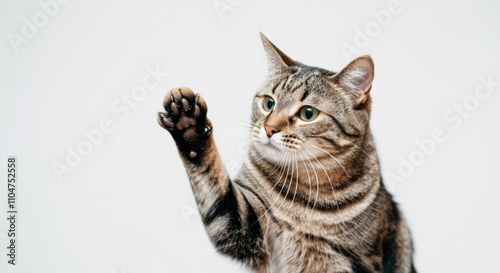 Adorable Tabby Cat Raising Paw