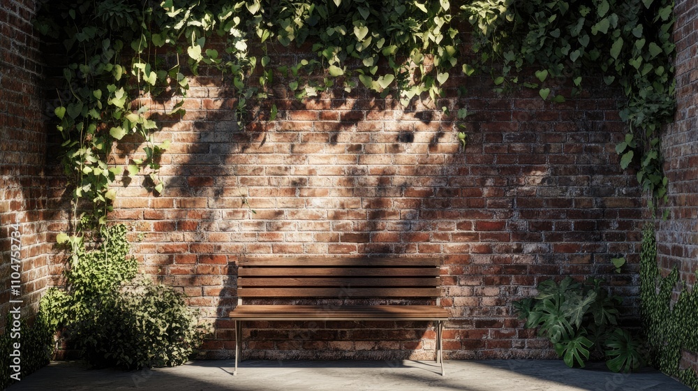 Wooden bench against a brick wall covered with ivy, sunlight and shadows. Wooden bench against a brick wall covered with ivy, sunlight and shadows.