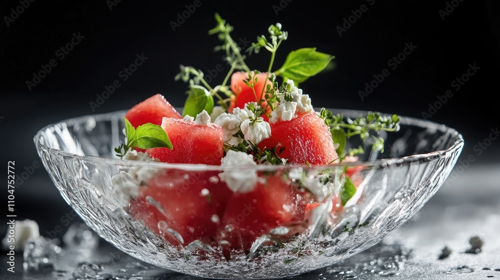A refreshing watermelon salad garnished with herbs in an elegant glass bowl. A refreshing watermelon salad garnished with herbs in an elegant glass bowl.