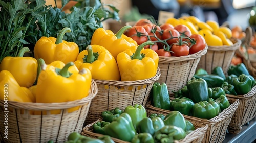 Colorful vegetables in woven baskets. photo