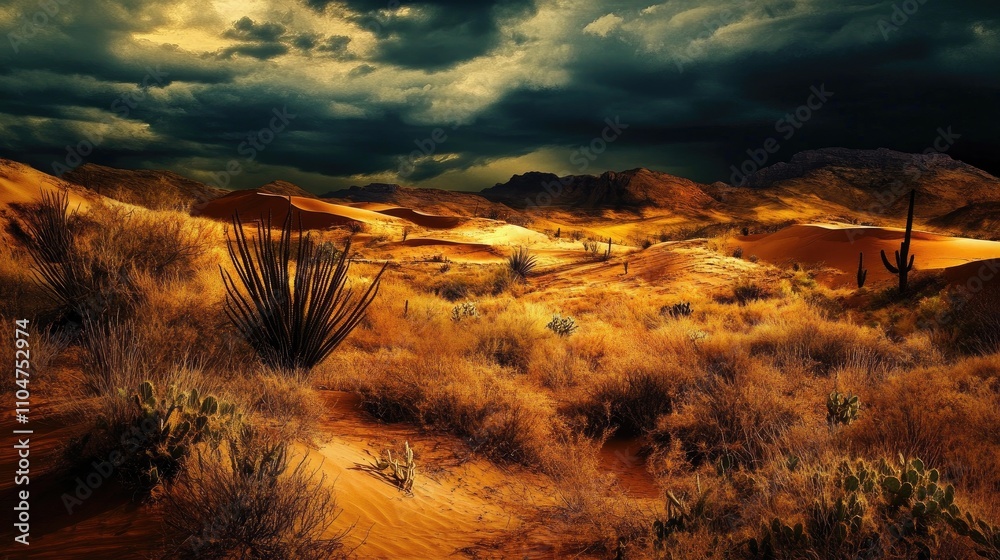 Dramatic Desert Landscape with Dark Clouds and Golden Sand Dunes Dramatic Desert Landscape with Dark Clouds and Golden Sand Dunes