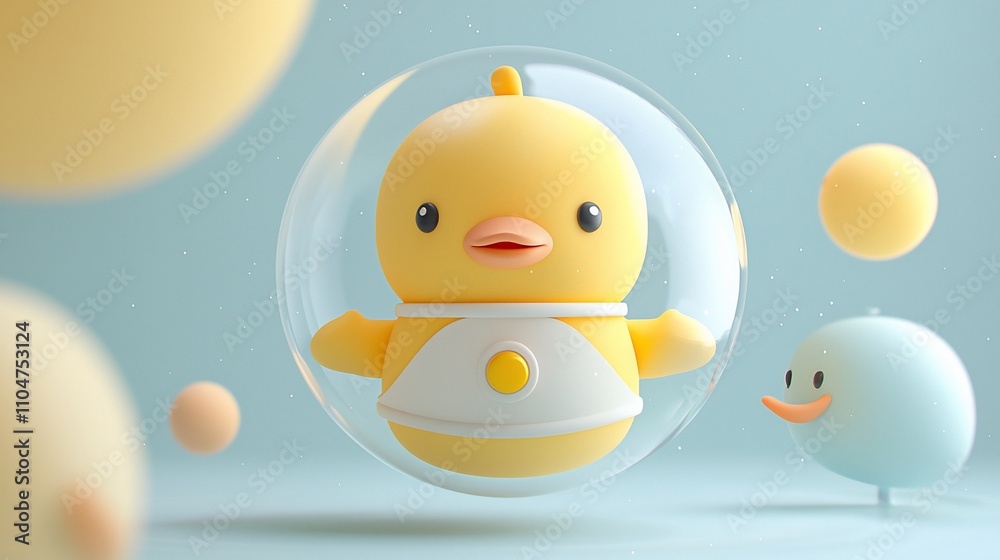 Cute yellow chick in a transparent bubble, surrounded by pastel-colored spheres. Cute yellow chick in a transparent bubble, surrounded by pastel-colored spheres.