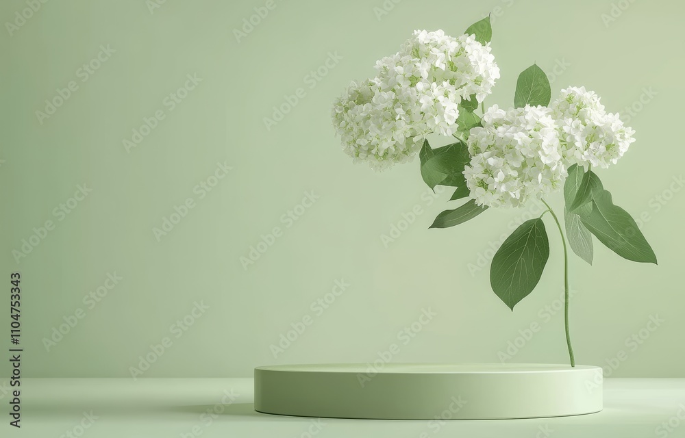 Minimalist Green Podium with White Hydrangea Flower Against Pastel Background for Beauty and Cosmetic Display Minimalist Green Podium with White Hydrangea Flower Against Pastel Background for Beauty and Cosmetic Display