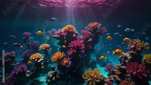 Vibrant coral reef teeming with colorful fish photo