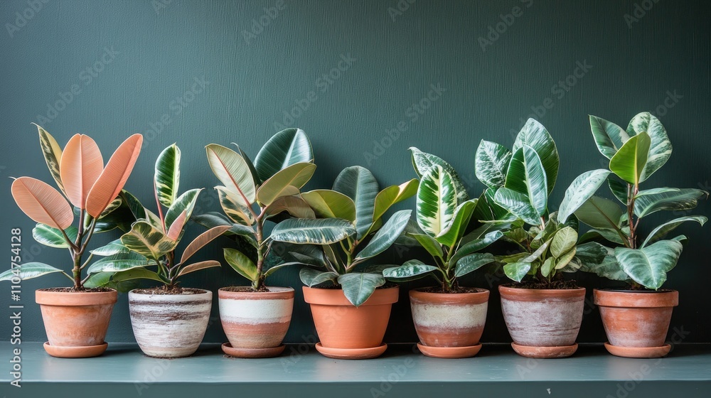 Vibrant Indoor Plants in Terracotta Pots Against a Green Background Vibrant Indoor Plants in Terracotta Pots Against a Green Background