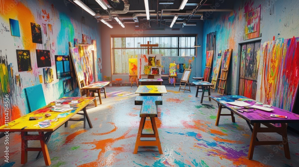 A vibrant art studio filled with colorful paintings and creative workspaces. A vibrant art studio filled with colorful paintings and creative workspaces.