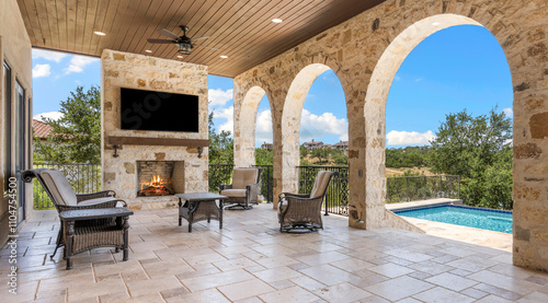 Принти на полотні Elegant outdoor living space with fireplace and pool view in sunny setting