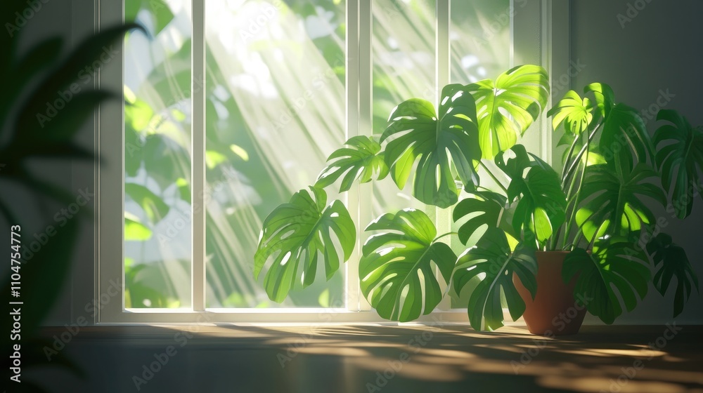 Sunlight Through Window Highlighting Lush Green Houseplant Leaves Sunlight Through Window Highlighting Lush Green Houseplant Leaves