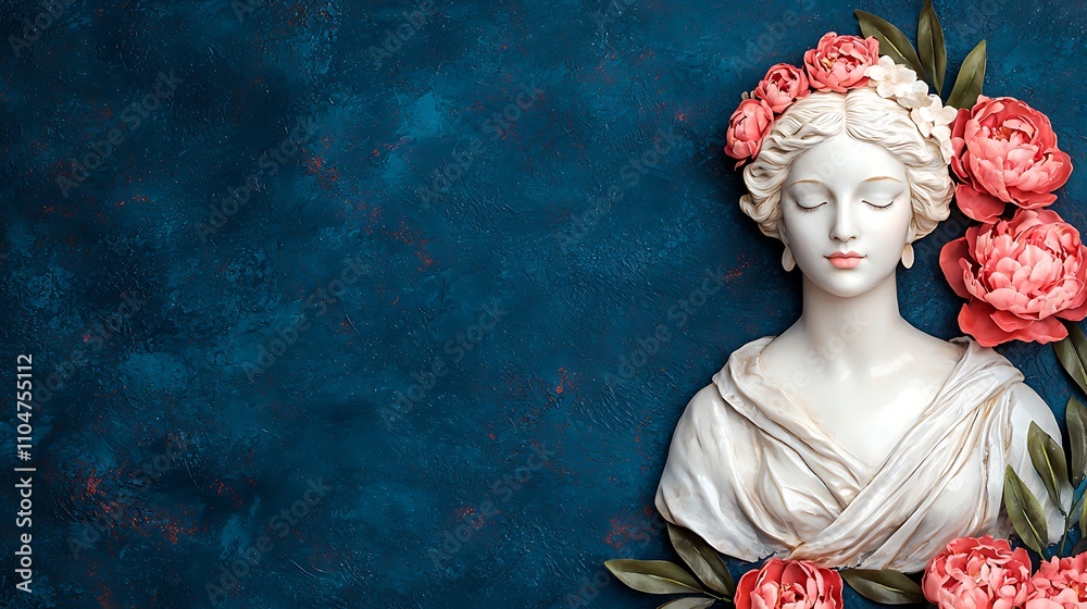 Naklejka premium Bust sculpture of female figure against floral nature background in artistic studio aesthetic