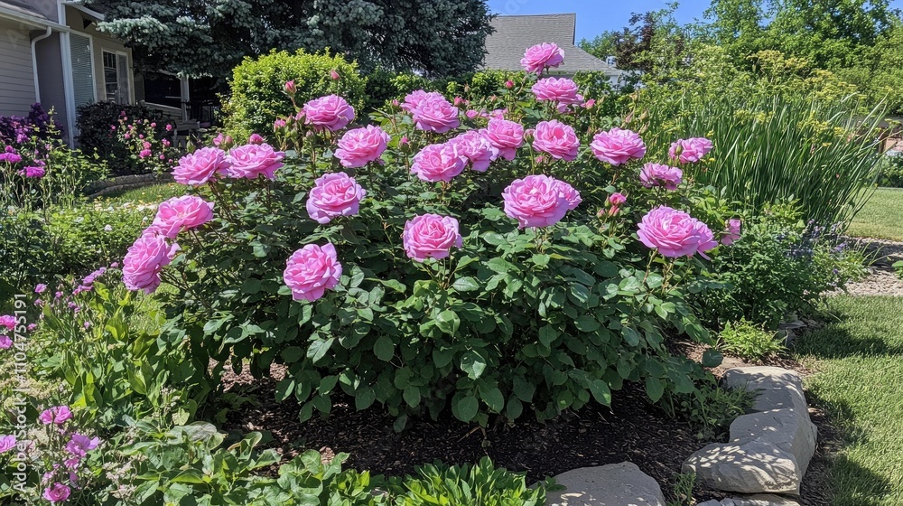 Vibrant Pink Roses Blooming in a Lush Garden Landscape Vibrant Pink Roses Blooming in a Lush Garden Landscape