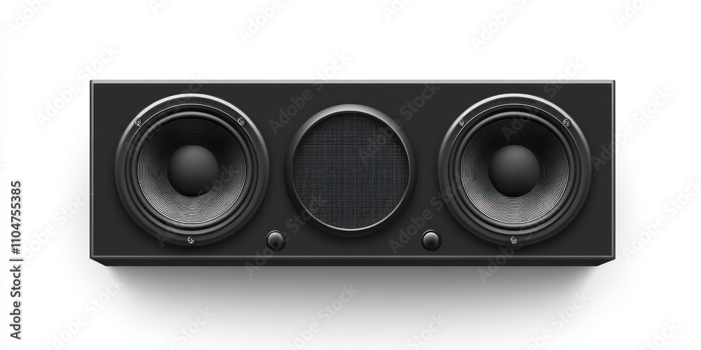 Black rectangular three-speaker soundbar on white background. Black rectangular three-speaker soundbar on white background.