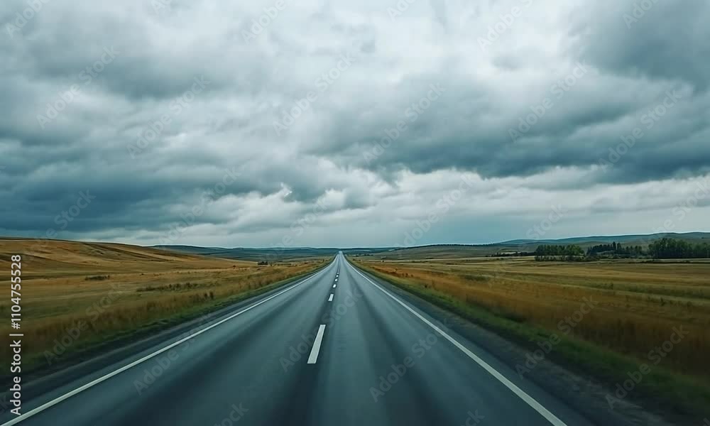 Endless Asphalt Road Stretching Through a Vast, Cloudy Landscape Endless Asphalt Road Stretching Through a Vast, Cloudy Landscape