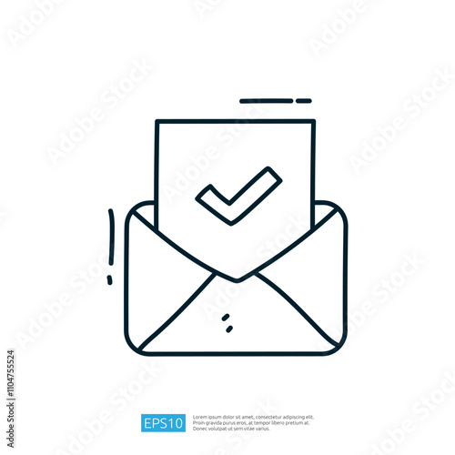 A simple line drawing of an envelope with a document inside, featuring a checkmark, symbolizing communication or confirmation.
