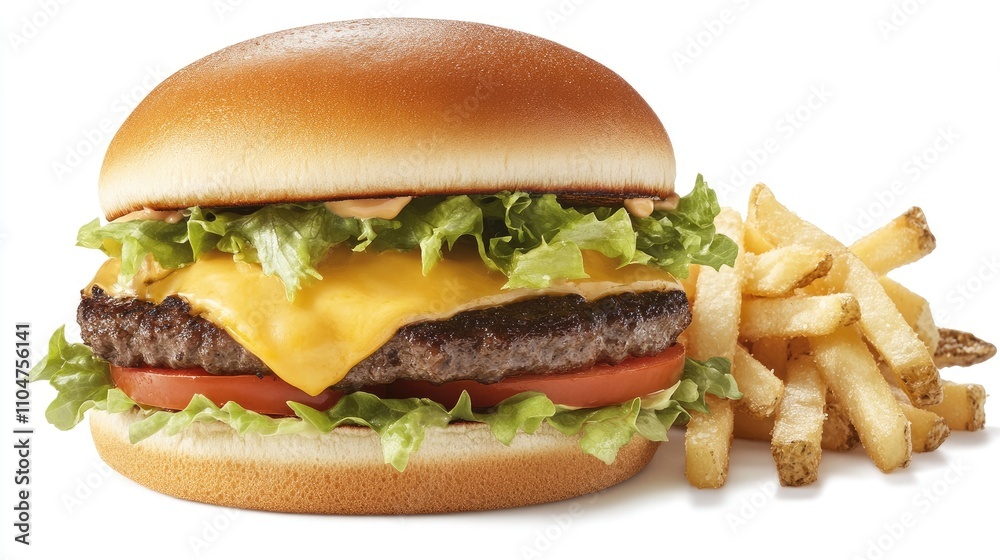 Juicy Cheeseburger with Fresh Lettuce and Crispy French Fries Juicy Cheeseburger with Fresh Lettuce and Crispy French Fries