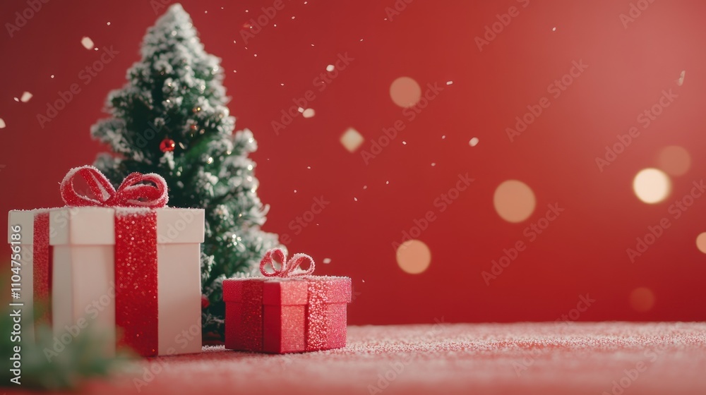 Festive Christmas scene with a snow-dusted tree and presents on a red background. Festive Christmas scene with a snow-dusted tree and presents on a red background.