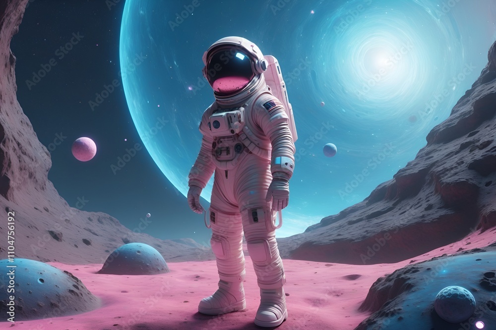 Obraz premium A minimalist 3D render of an astronaut standing on a small, floating planet